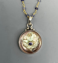 Victorian Caved Shell Button with Iolite Center Button set in Sterling Silver