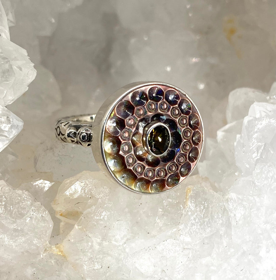 Victorian Carved Tinted Shell Button with Tourmaline Center Set in Sterling silver Ring Size 8.5