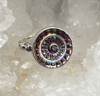 Victorian Carved Tinted Shell Button with Iolite Center Set in Sterling silver Ring size 8.5