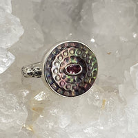 Victorian Carved Tinted Shell Button with Tourmaline Center Set in Sterling silver Ring Size 8
