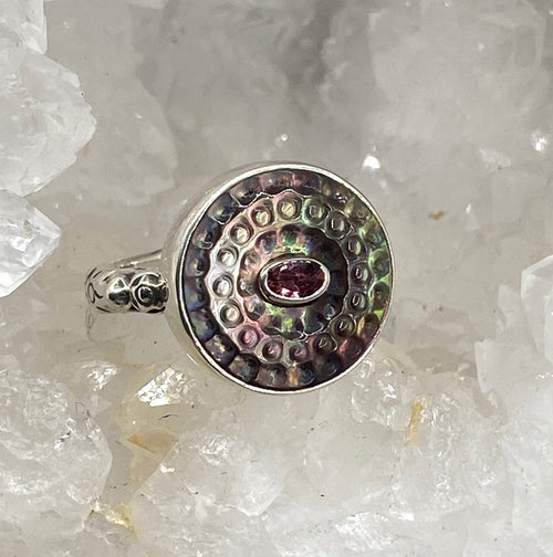 Victorian Carved Tinted Shell Button with Tourmaline Center Set in Sterling silver Ring Size 8