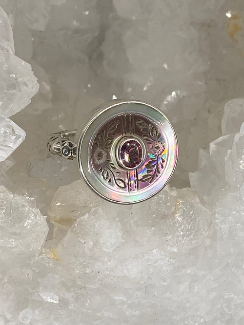 Victorian Carved Tinted Shell Button with Tourmaline Center Set in Sterling silver Ring Size 8