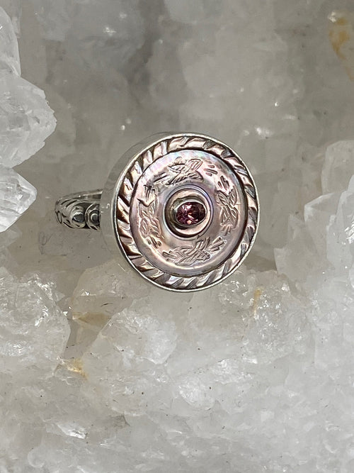 Victorian Carved Tinted Shell Button with Tourmaline Center Set in Sterling silver Ring Size 7.5