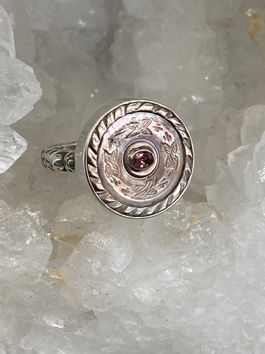 Victorian Carved Tinted Shell Button with Tourmaline Center Set in Sterling silver Ring Size 7.5