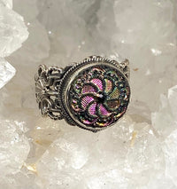 Victorian Luster Glass Button set in Filigree Sterling Silver Ring Size 8