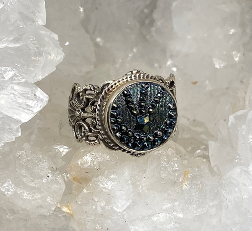 Victorian Luster Glass Button set in Filigree Sterling Silver Ring Size 8.5