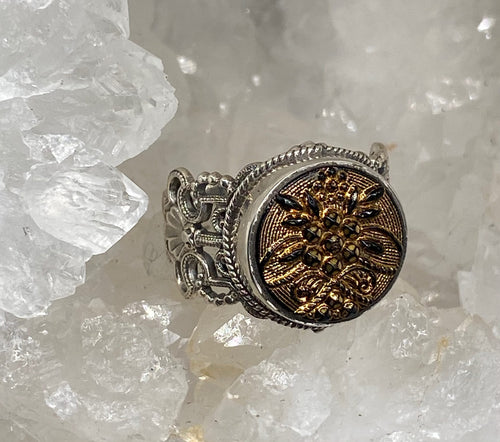 Victorian Gold Luster Glass Button set in Filigree Sterling Silver Ring Size 7.5