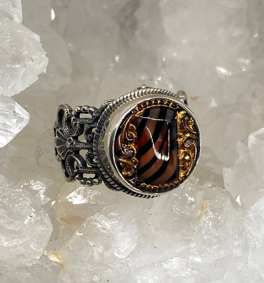 Victorian Luster Glass Button set in Filigree Sterling Silver Ring Size 7.5