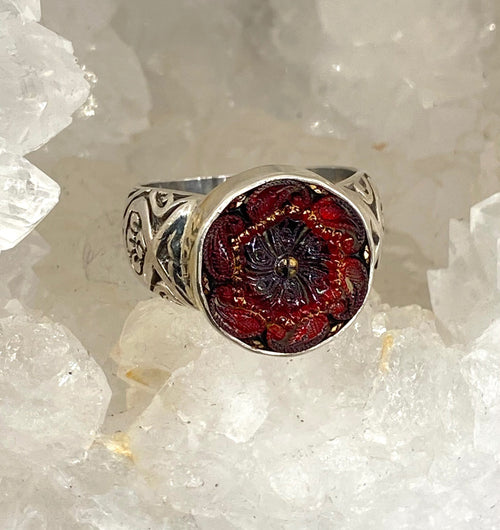 Victorian Red Lacy Glass Button set in Sterling Silver Ring Size 8