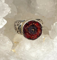 Victorian Red Lacy Glass Button set in Sterling Silver Ring Size 8