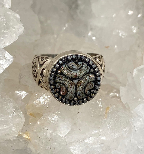 Victorian Lacy Glass Button set in Sterling Silver Ring Size 7.5