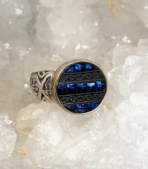 Victorian Lacy Glass Button set in Sterling Silver Ring Size 8