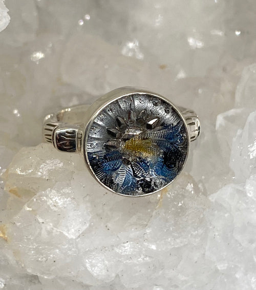 Victorian Lacy Glass Button set in Sterling Silver Ring Size 7.5