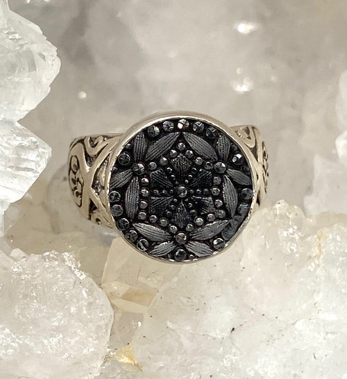 Victorian Lacy Glass Button set in Sterling Silver Ring Size 7