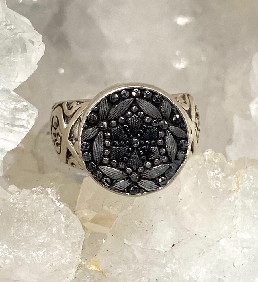 Victorian Lacy Glass Button set in Sterling Silver Ring Size 7
