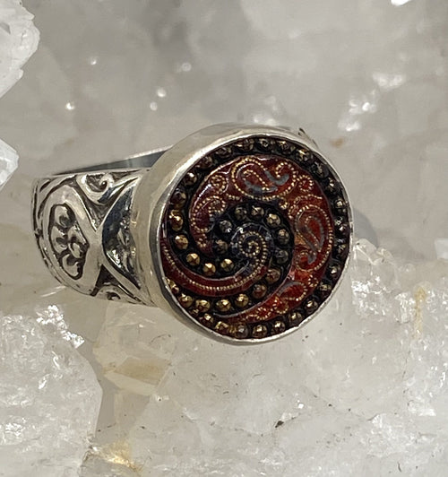 Victorian Lacy Red Button set in Sterling Silver Ring Size 7
