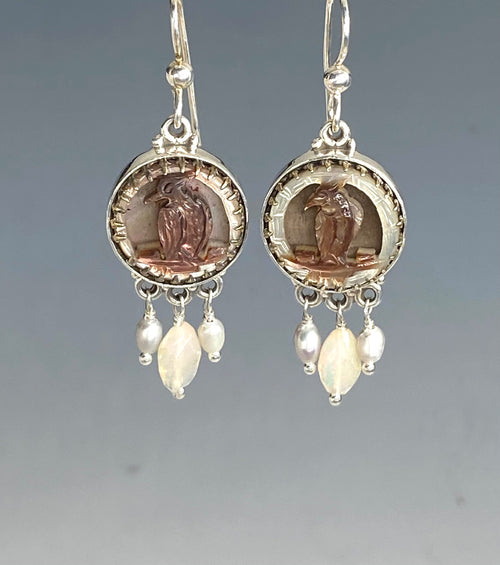 Victorian Carved Shell Button Image of Bird set in Sterling silver w/ Ethiopian Opal & Pearl Dangle Accent