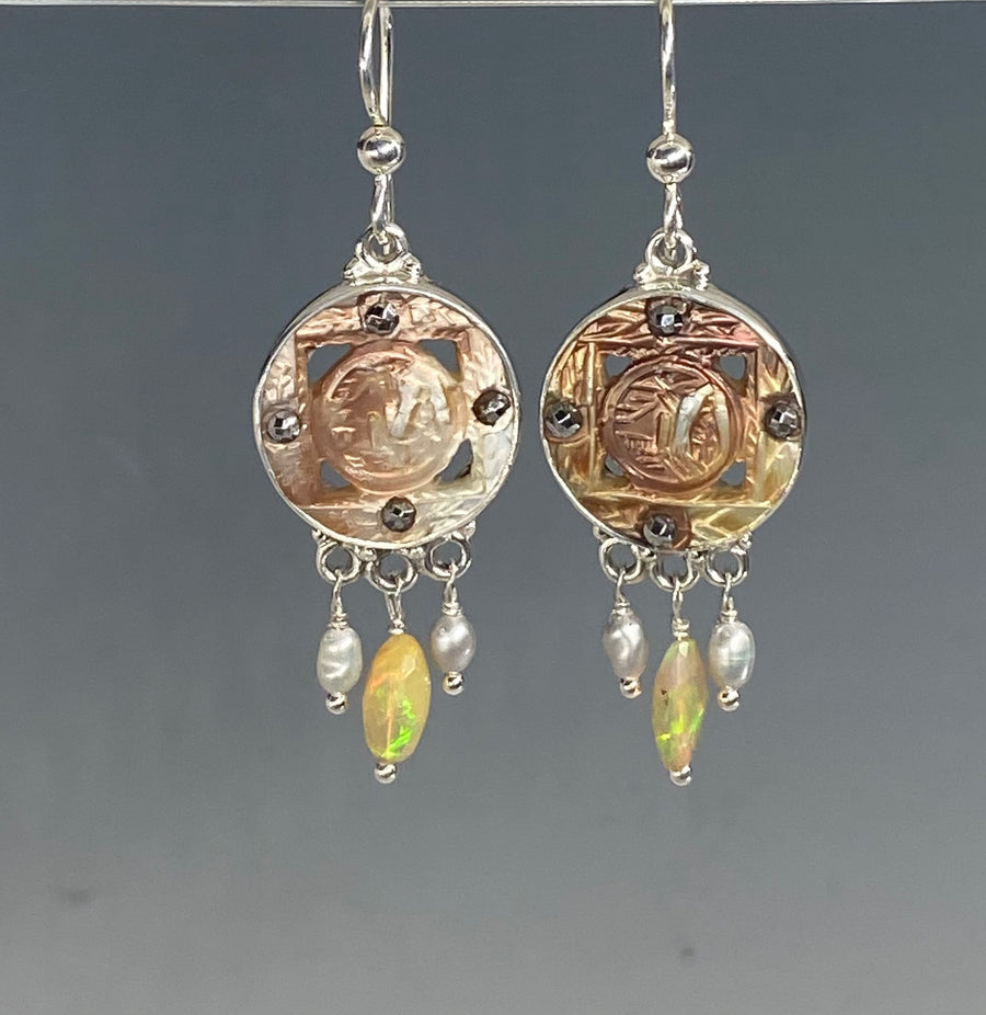 Victorian Carved Shell Button Village Scene set in Sterling silver w/ Ethiopian Opal & Pearl Dangle Accent