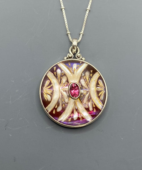 Antique Button Carved Shell w/ Tourmaline Stone Center Button set in Sterling Silver Pendant accented with Sterling Silver Satellite Chain 20 "