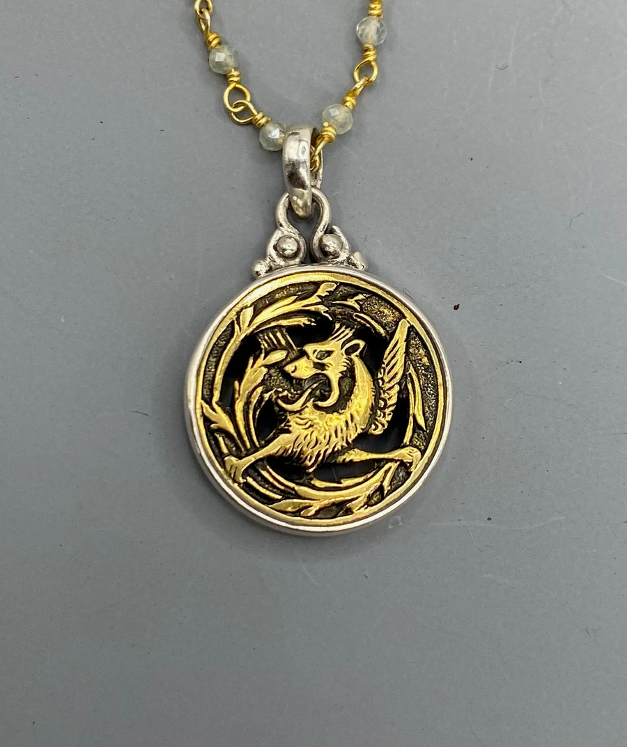 Antique Openwork Brass Dragon Button set in Sterling Silver accented with Facet Quartz Rosary Necklace 18"