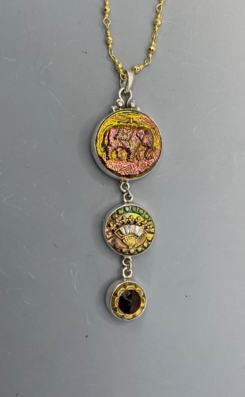 Antique 3 Button Drop Elephant Luster Glass Button, Carved Shell Fan Button & Glass in Metal All set in Sterling Silver Pendant accented with Stone Facet Rosary Necklace