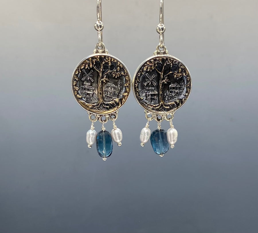 Antique Victorian Charter Oak Metal Button set in Sterling Silver Earring with Facet Topaz Stone & Pearl Accent