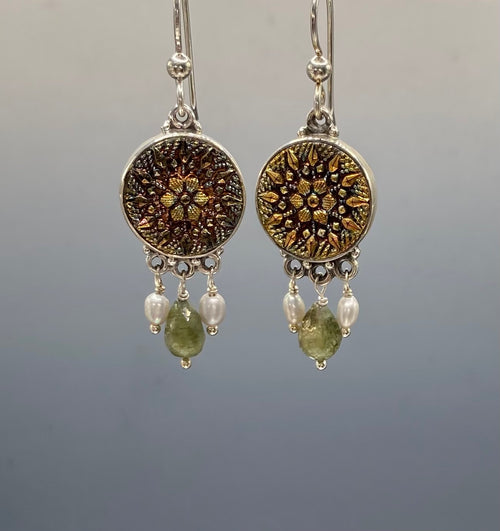 Antique Victorian Luster Glass in Metal Button set in Sterling Silver Earring with Facet Tourmaline & Pearl Accent