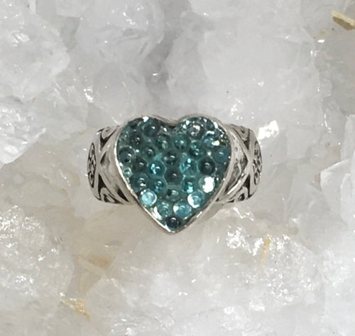 Vintage Czech Blue Glass Heart Shape Button set in sterling silver ring Size 7