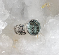 Victorian Czech Paisley Glass Button set in Sterling Silver Ring Size 7