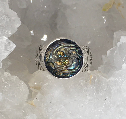 Victorian Lacy Czech Glass Button set in sterling silver ring Size 7