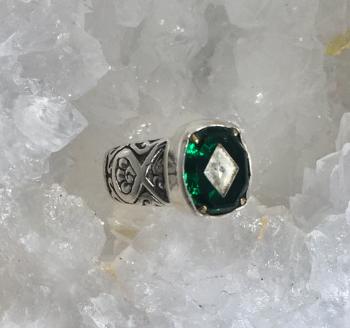 Vintage Czech Precision Green Glass Button set in sterling silver ring Size 7