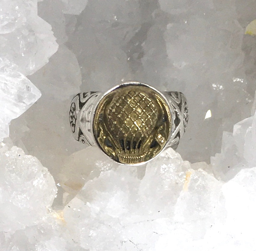 Antique Metal Hot Air Balloon Raised Image Button set in Sterling Silver Ring Size 7