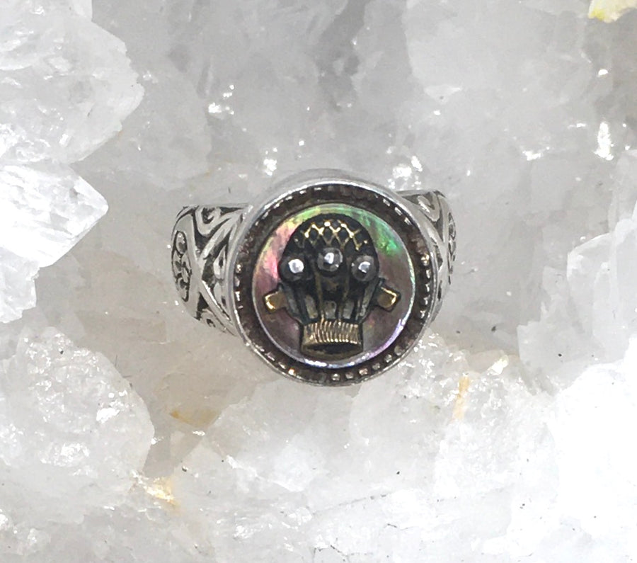Antique Metal Hot Air Balloon w/ Pearl Background Button set in Sterling Silver Ring Size 7