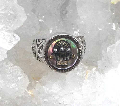 Antique Metal Hot Air Balloon w/ Pearl Background Button set in Sterling Silver Ring Size 7