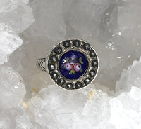 Antique Victorian Floral Enamel w/ Steel Facet Rim Button set in Sterling Silver Ring Size 7