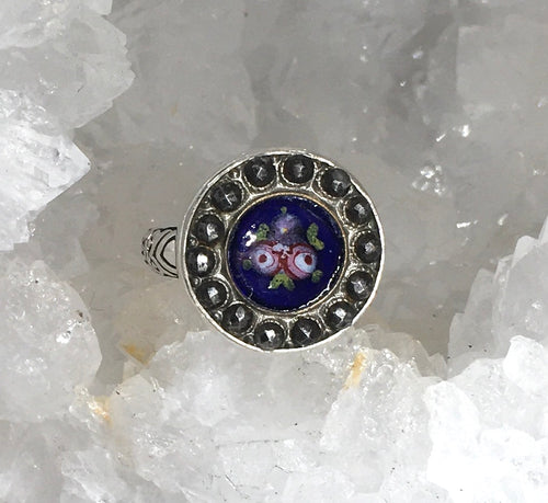 Antique Victorian Floral Enamel w/ Steel Facet Rim Button set in Sterling Silver Ring Size 7