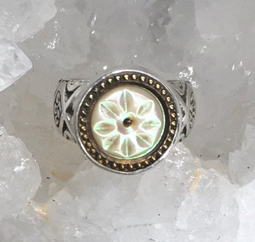 Victorian Carved Pearl Button W/ Brass Rim set in Sterling Silver Ring Size 7