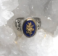 Victorian Blue Glass & Metal Button set in Sterling Silver Ring Size 7