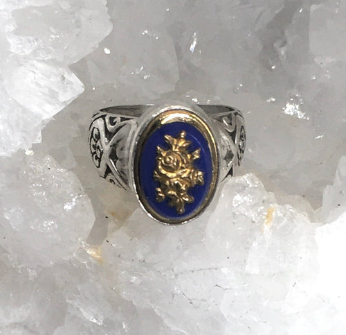 Victorian Blue Glass & Metal Button set in Sterling Silver Ring Size 7