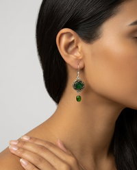 Victorian Glass in Metal Button set in Sterling Silver With Tourmaline Facet Stone Accent — worn on model