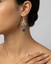 Victorian Openwork Hand Painted Enamel Button set in Sterling Silver With Kyanite Facet Stone Accent — worn on model