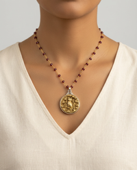 Victorian Picture Metal Owl Button set in Sterling Silver w/ Garnet Facet Stone Necklace 20" — worn on model