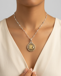 Victorian Picture Metal Moon Button set in Sterling silver w/ Pearl Necklace Accent — worn on model