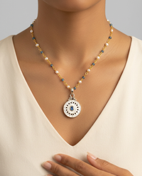 Victorian Carved Shell Button w/ Topaz set in Sterling silver w/ 18"Pearl Topaz Necklace — worn on model