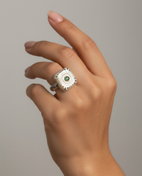 Victorian Carved Tinted Shell Button w/ Emerald Facet Center set in Sterling Silver Ring Size 7 — worn on model