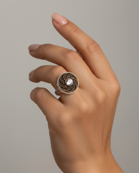 Vintage Czech Republic Luster Glass Button set in Sterling Silver Ring Size 8 — worn on model