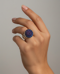 Vintage Czech Republic Luster Glass Button set in Sterling Silver Ring Size6-3/4 — worn on model