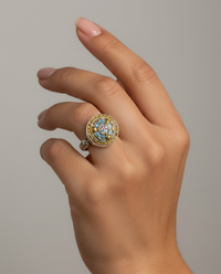 Victorian Hand Painted Floral Enamel Button set in Sterling Silver Ring Size 6-3/4 — worn on model