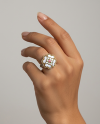 Victorian Hand Painted Floral Enamel Button set in Sterling Silver Ring Size 8-1/2 — worn on model