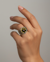 Victorian Hand Painted Floral Enamel Button set in Filigree Sterling Silver Ring Size 7-1/2 — worn on model